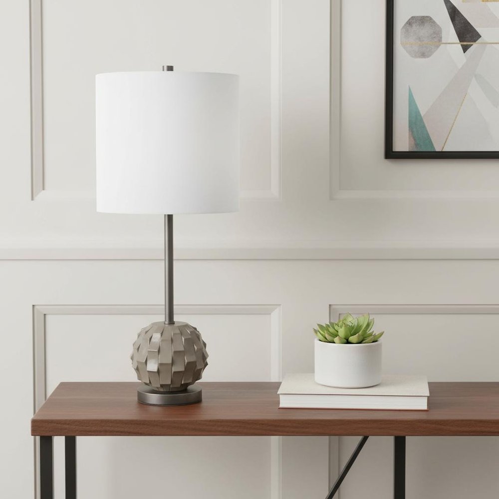 25" Gray Round Bedside Lamp With White Drum Shade