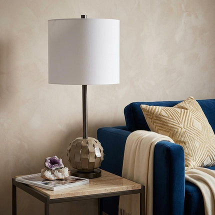 25" Gray Round Bedside Lamp With Drum Shade HomeRoots