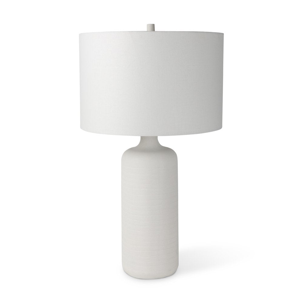 31" White Ceramic Round Bedside Lamp With White Drum Shade