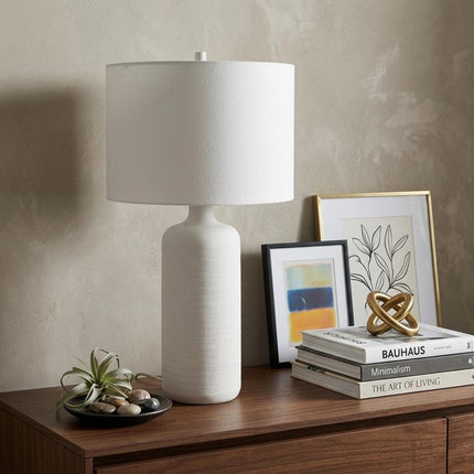 31" White Round Bedside Lamp With Drum Shade HomeRoots