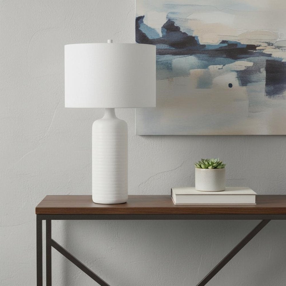 31" White Ceramic Round Bedside Lamp With White Drum Shade