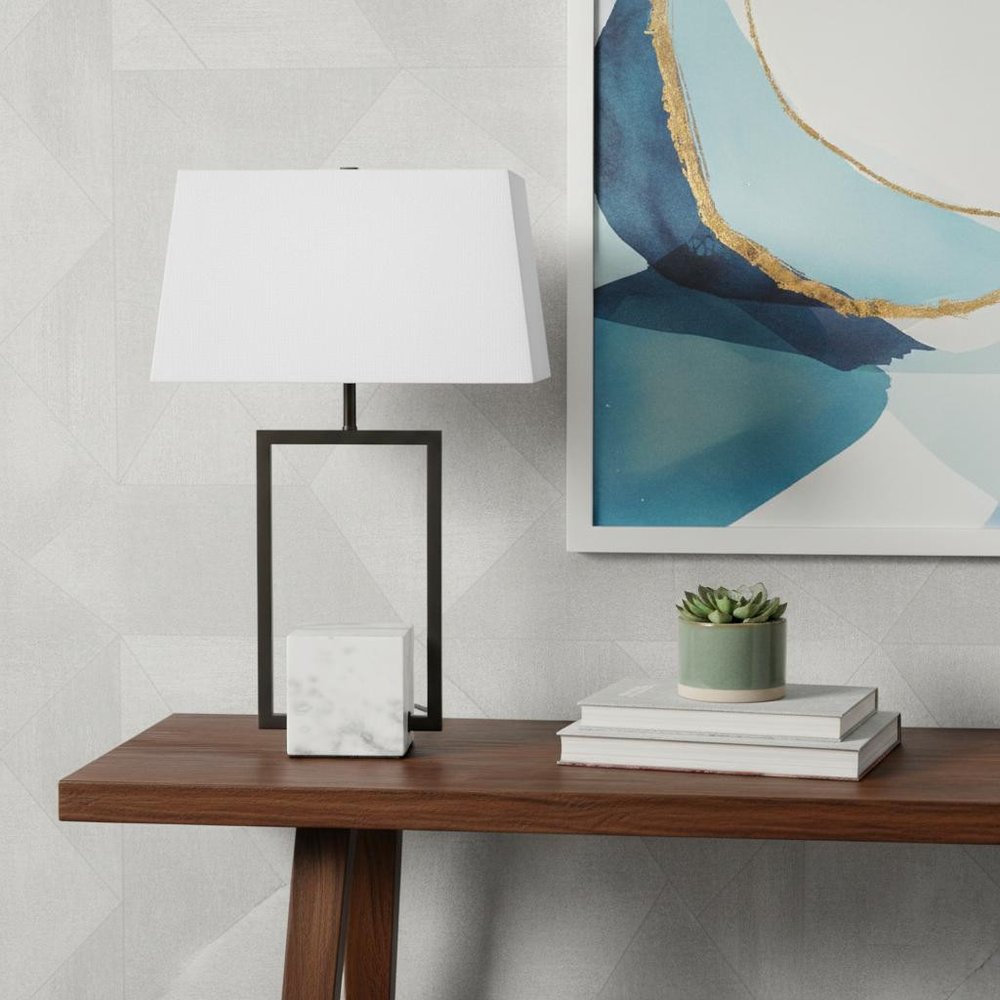 26" Gray Marble Square Bedside Lamp With White Shade