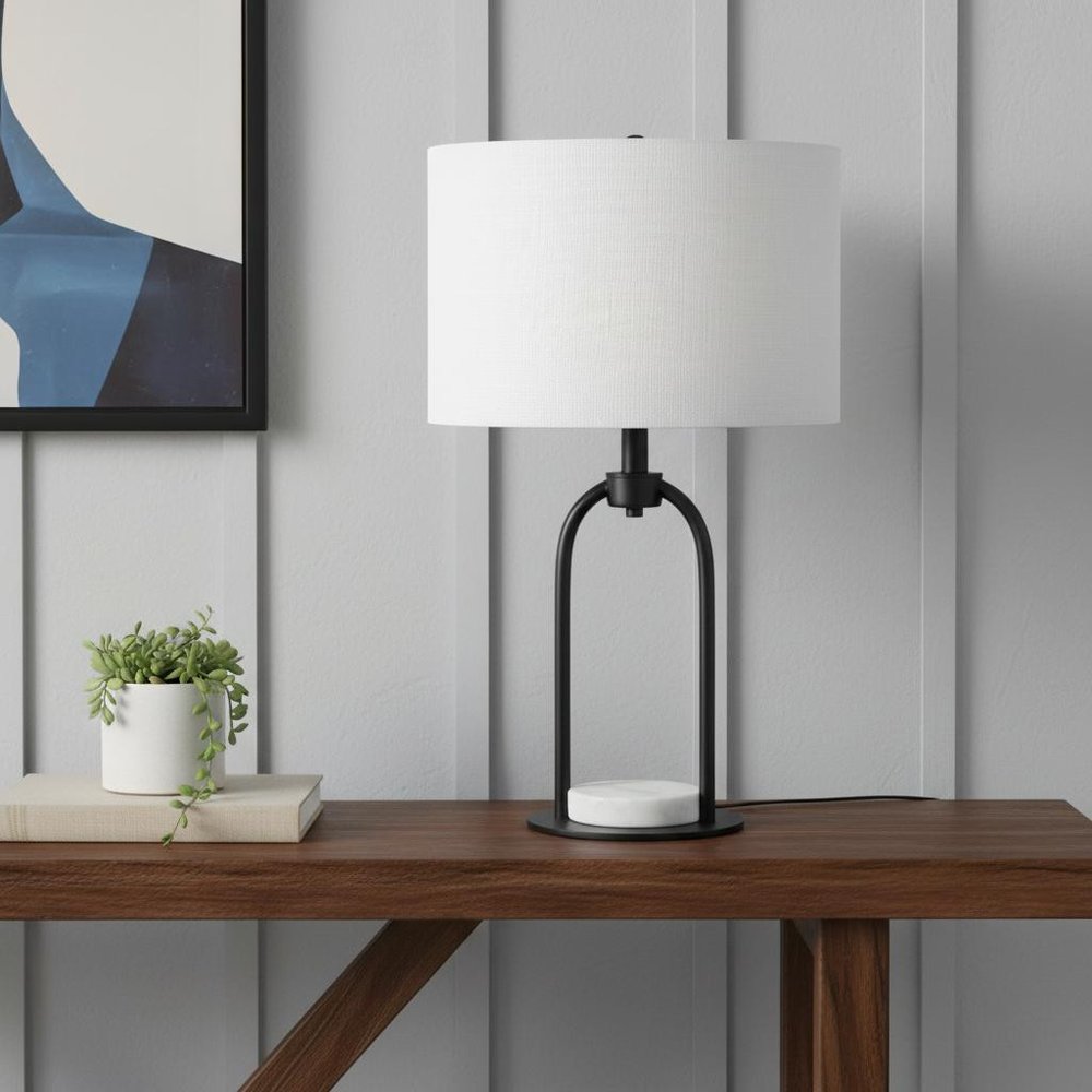 22" Black Metal Round Bedside Lamp With White Drum Shade