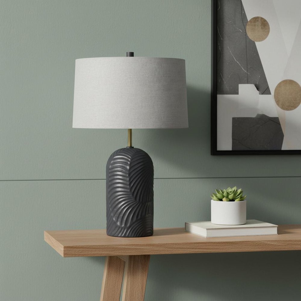 29" Blue Round Bedside Lamp With Beige Drum Shade