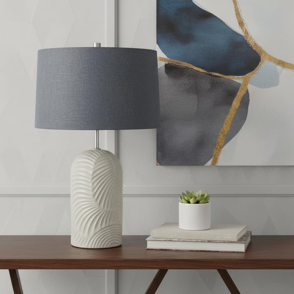 29" Beige Round Bedside Lamp With Blue Drum Shade