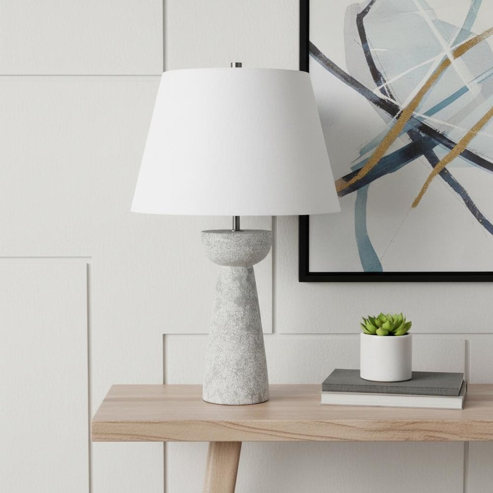 27" Gray Concrete Round Bedside Lamp With White Bell Shade