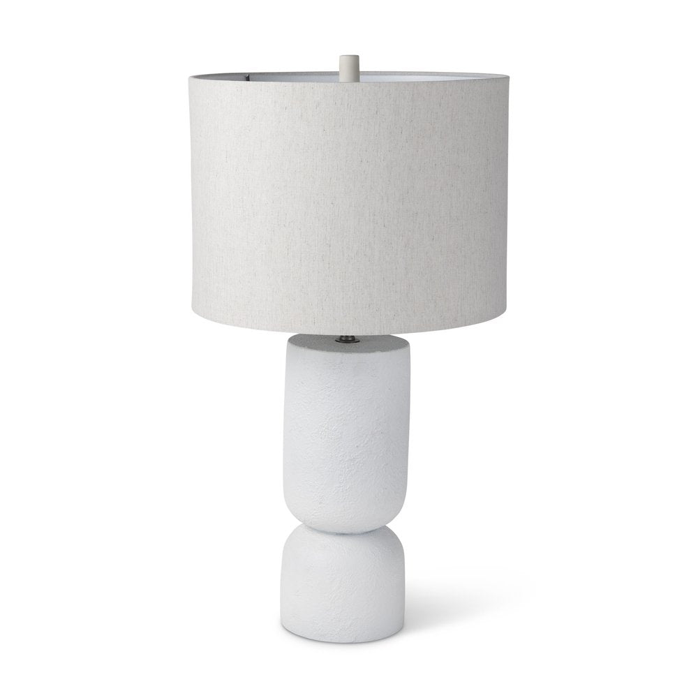 28" White Concrete Round Bedside Lamp With Beige Drum Shade