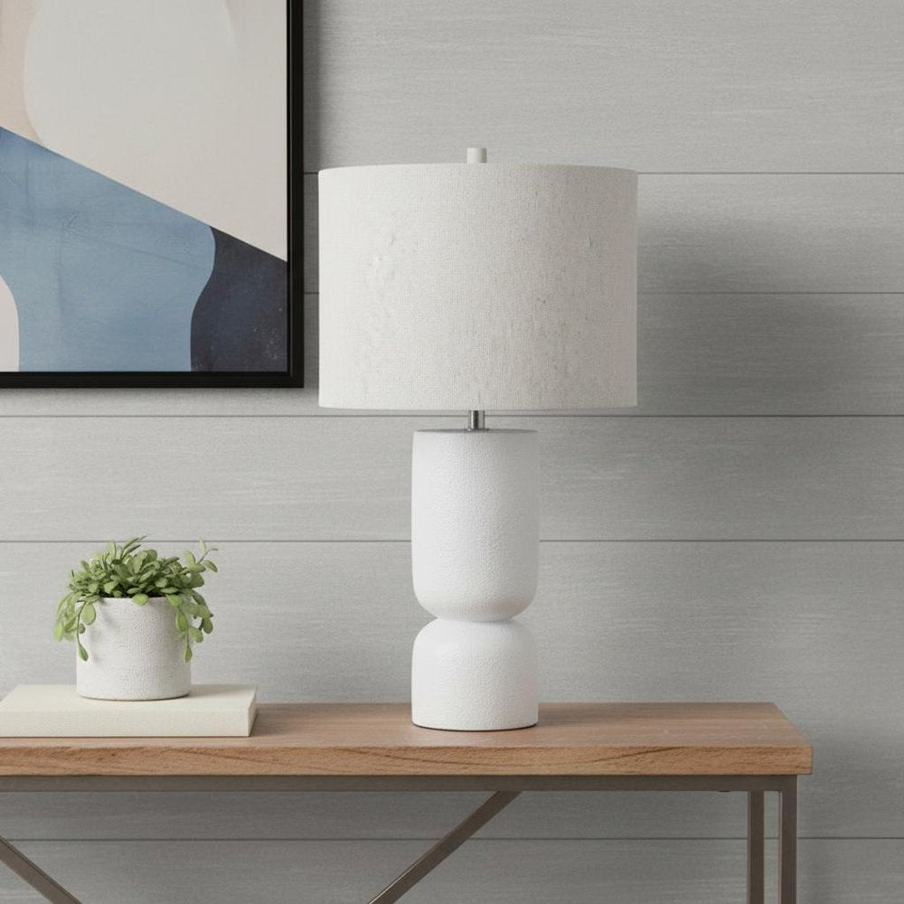 28" White Concrete Round Bedside Lamp With Beige Drum Shade