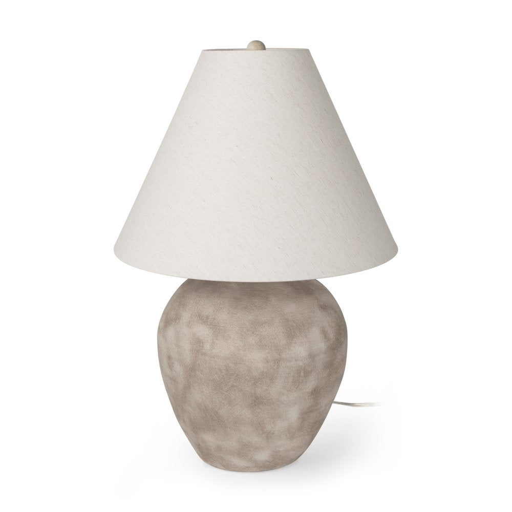 28" Beige Ceramic Round Bedside Lamp With Cream Drum Shade