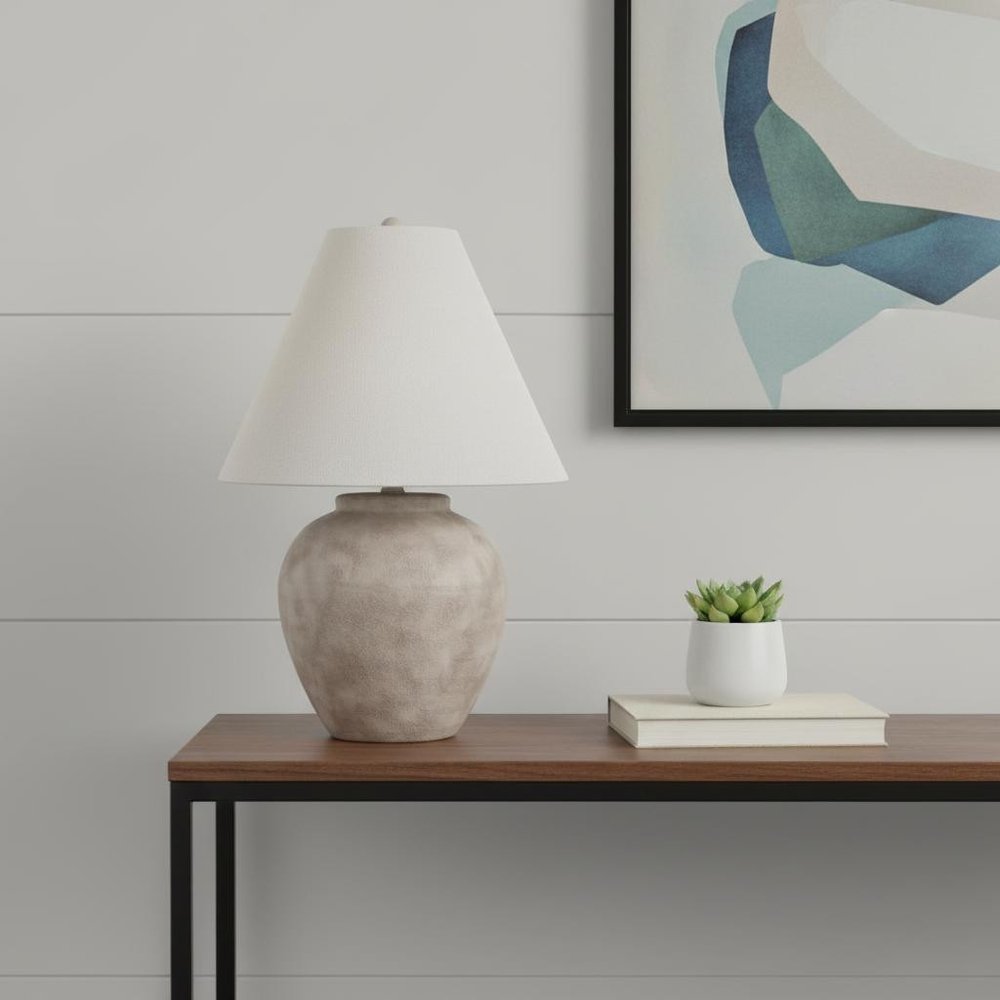 28" Beige Ceramic Round Bedside Lamp With Cream Drum Shade