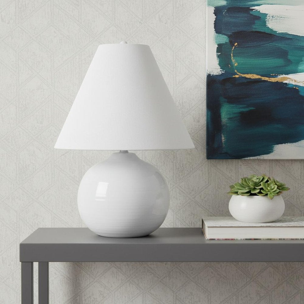 11" White Ceramic Round Bedside Lamp With White Bell Shade