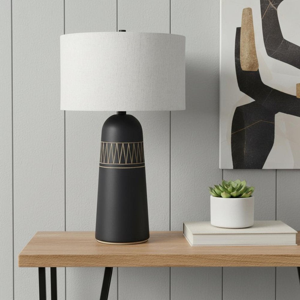 30" Black Ceramic Round Bedside Lamp With Cream Drum Shade