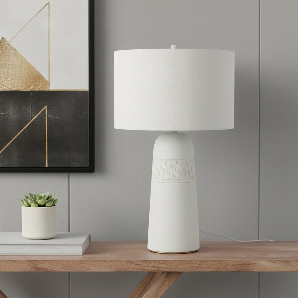 30" Cream Ceramic Round Bedside Lamp With Cream Drum Shade