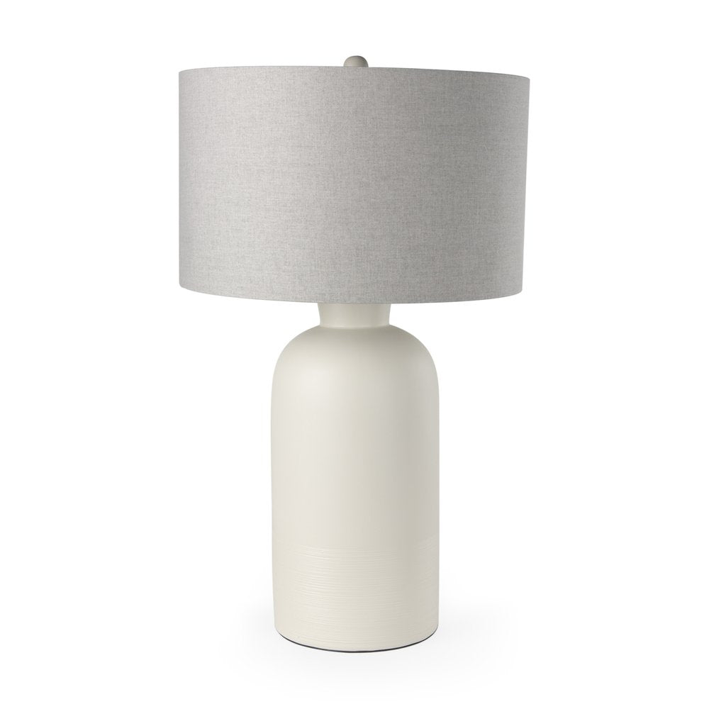 33" Cream Ceramic Round Bedside Lamp With Gray Drum Shade