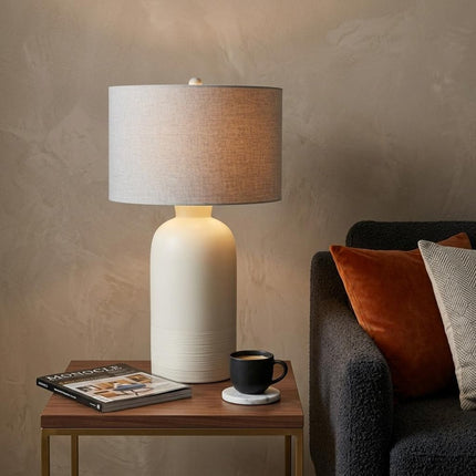 33" Cream Round Bedside Lamp With Drum Shade HomeRoots