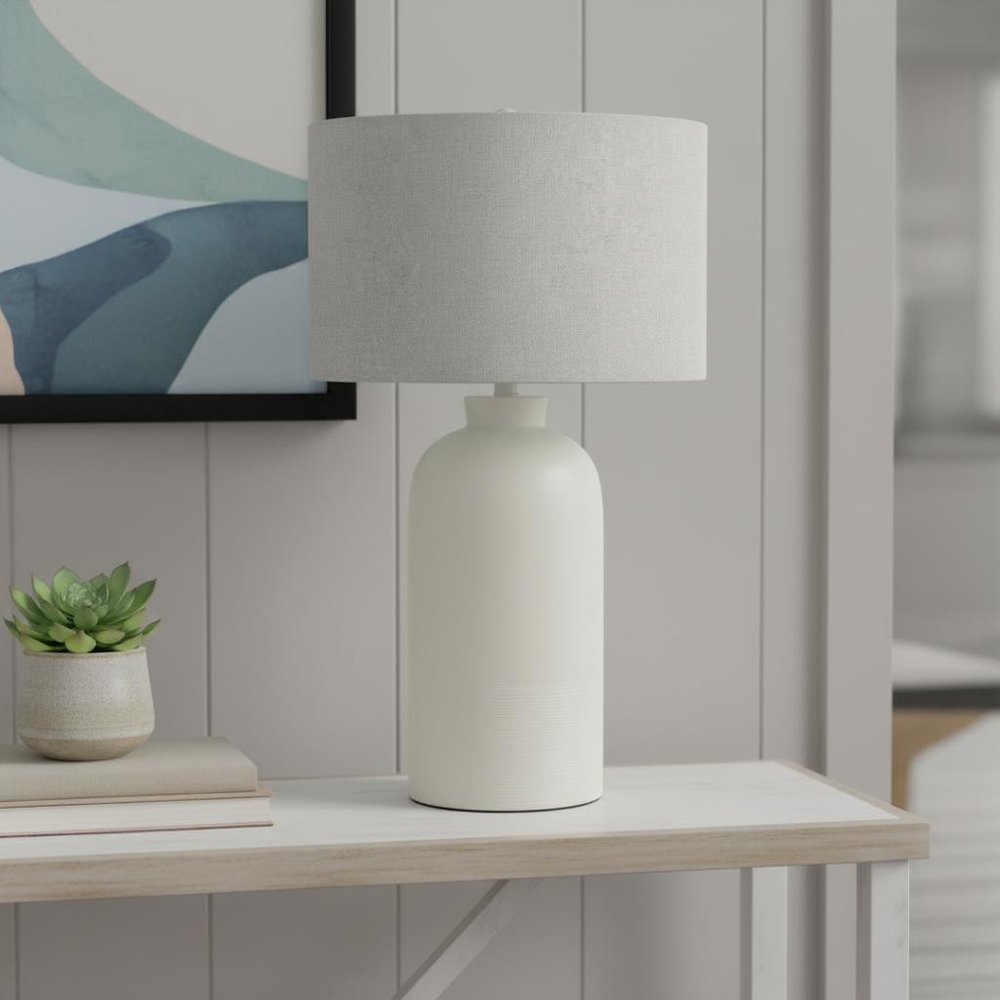 33" Cream Ceramic Round Bedside Lamp With Gray Drum Shade