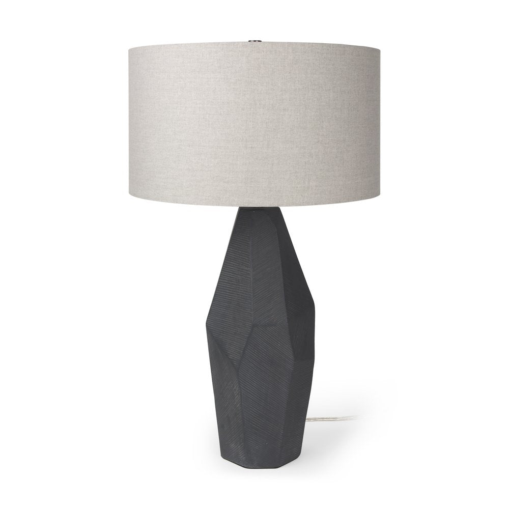 30" Black Ceramic Round Bedside Lamp With Beige Drum Shade