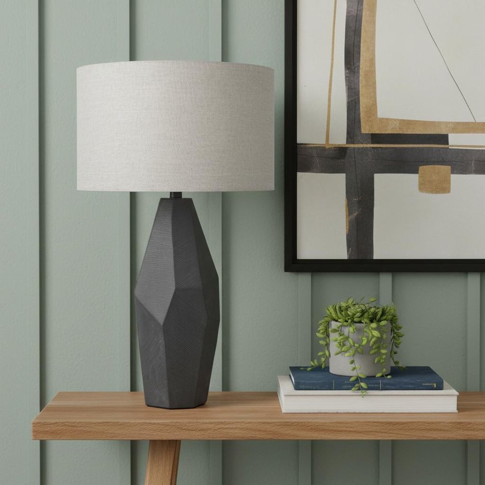 30" Black Ceramic Round Bedside Lamp With Beige Drum Shade