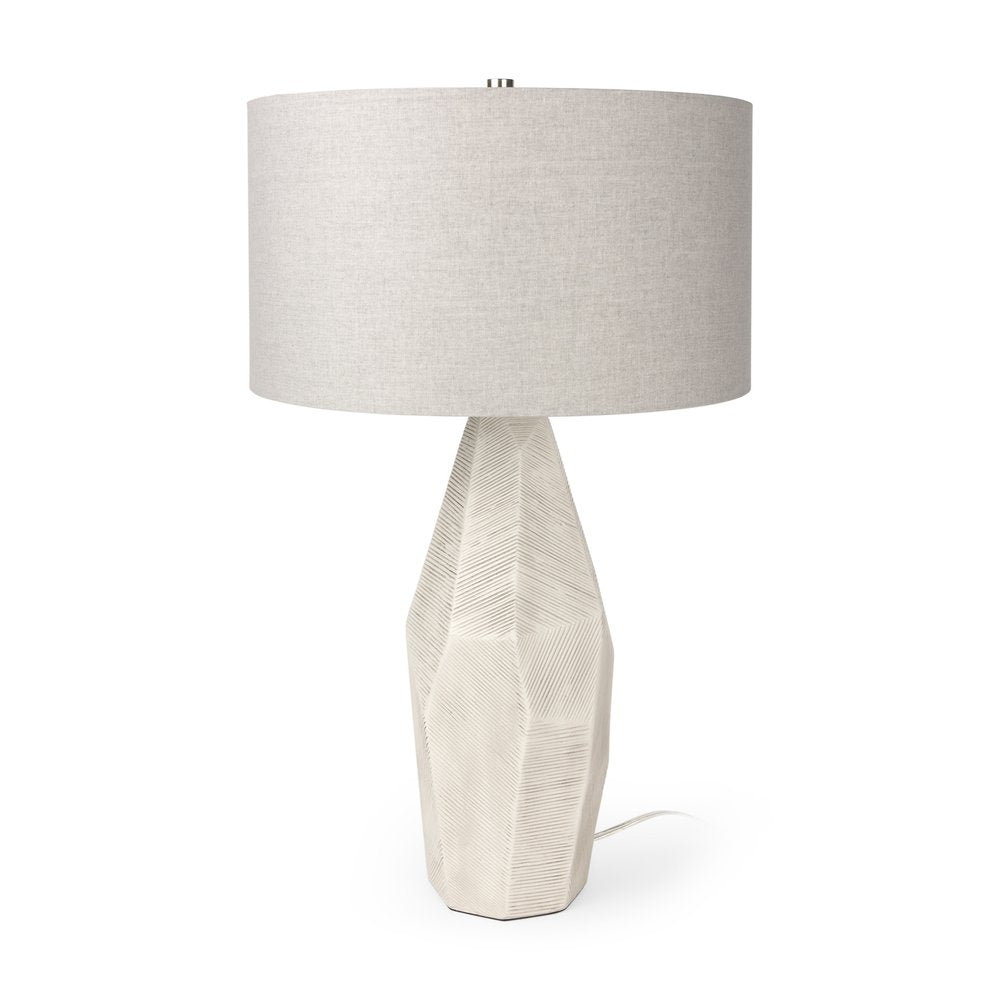 30" Cream Ceramic Round Bedside Lamp With Beige Drum Shade