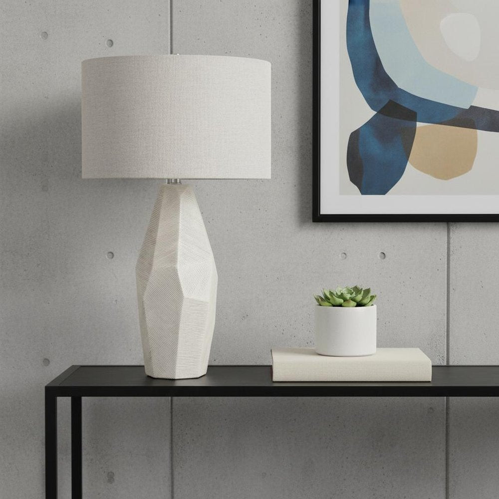 30" Cream Ceramic Round Bedside Lamp With Beige Drum Shade