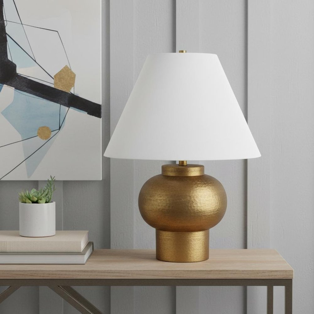 26" Gold Metal Round Bedside Lamp With White Bell Shade