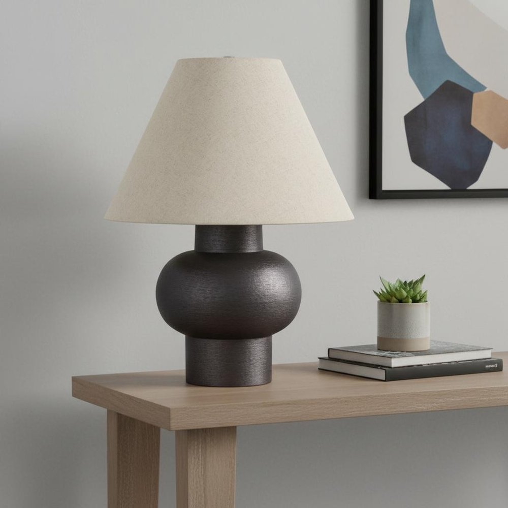 26" Black Metal Round Bedside Lamp With Beige Bell Shade