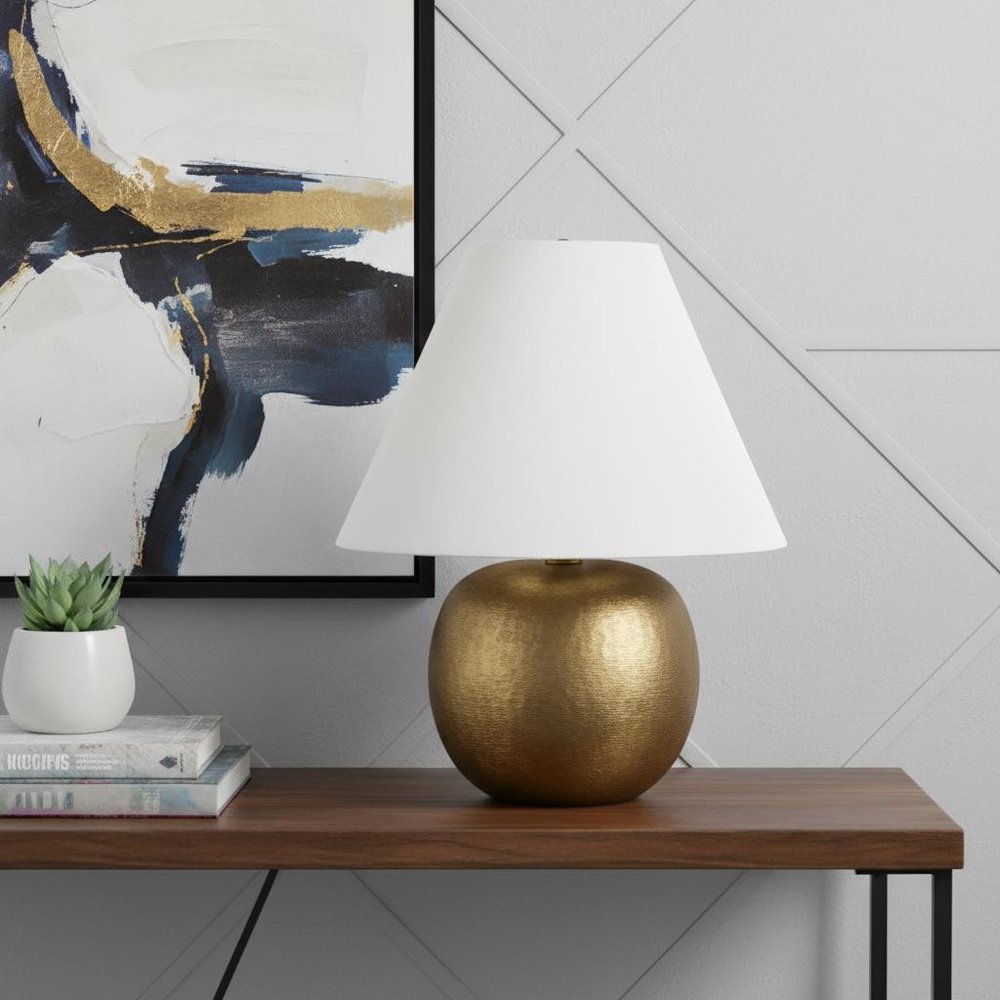 24" Gold Metal Round Bedside Lamp With White Bell Shade