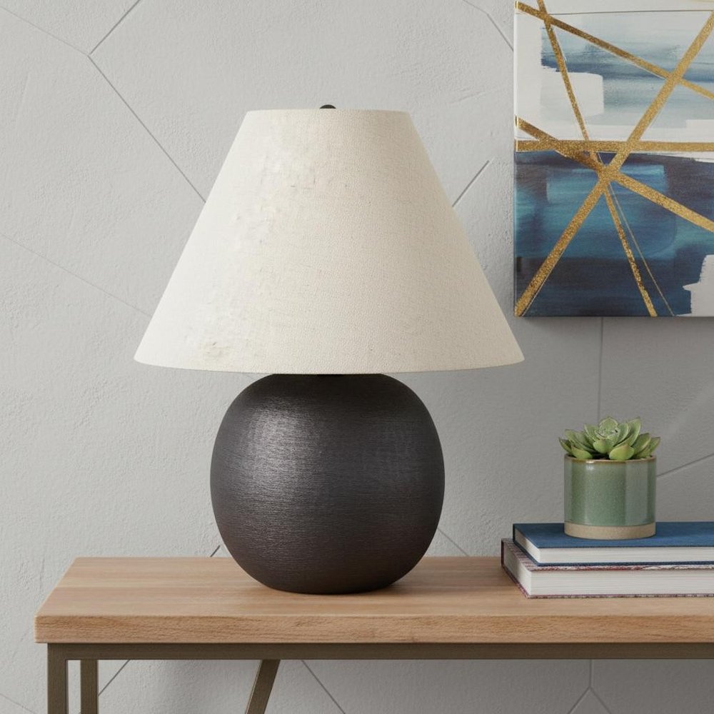 24" Black Metal Round Bedside Lamp With Beige Bell Shade