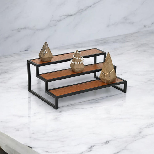 15" Black And Brown Metal And Solid Wood Handmade Three Tier Tray