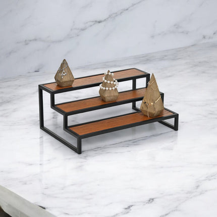 15" Black And Brown Metal And Solid Wood Handmade Three Tier Tray HomeRoots
