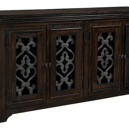 76" Brown Distressed Solid Wood Sideboard Soft Close with Four Glass Doors HomeRoots