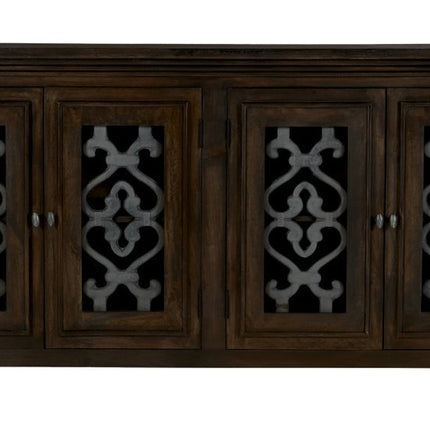 76" Brown Distressed Solid Wood Sideboard Soft Close with Four Glass Doors HomeRoots