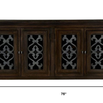 76" Brown Distressed Solid Wood Sideboard Soft Close with Four Glass Doors HomeRoots