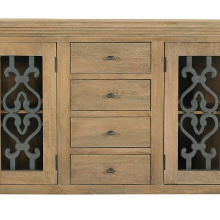 84" Natural Distressed Solid Wood Four Drawer Sideboard Soft Close with Four Glass Doors HomeRoots