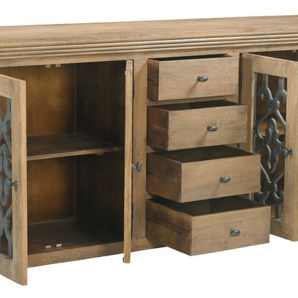 84" Natural Distressed Solid Wood Four Drawer Sideboard Soft Close with Four Glass Doors HomeRoots
