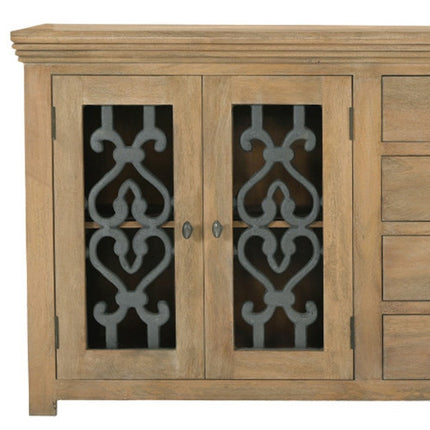 84" Natural Distressed Solid Wood Four Drawer Sideboard Soft Close with Four Glass Doors HomeRoots