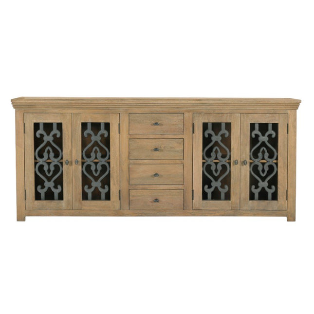 84" Natural Distressed Solid Wood Four Drawer Sideboard Soft Close with Four Glass Doors HomeRoots
