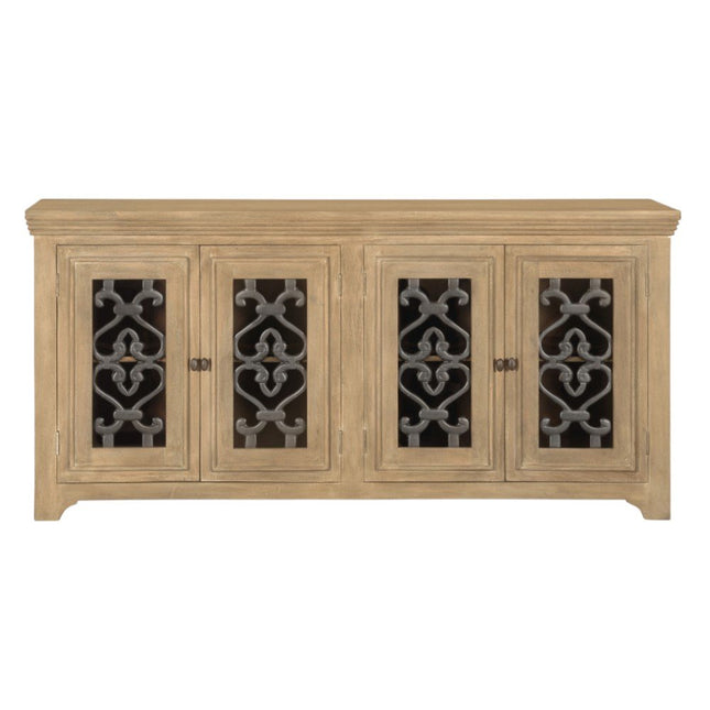 76" Natural Distressed Solid Wood Sideboard Soft Close with Four Glass Doors HomeRoots