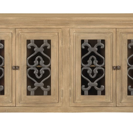 76" Natural Distressed Solid Wood Sideboard Soft Close with Four Glass Doors HomeRoots