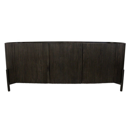 80" Brown Distressed Solid Wood Ribbed Texture Sideboard with Three Doors HomeRoots