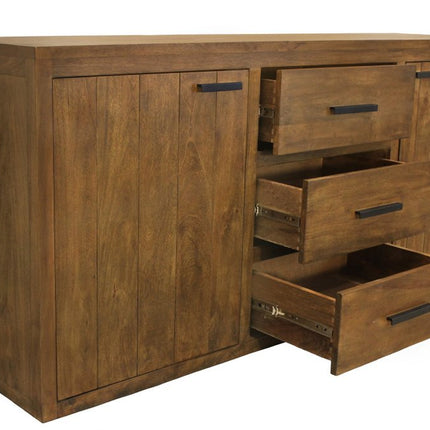 71" Chestnut Distressed Solid Wood Three Drawer Sideboard with Two Doors HomeRoots