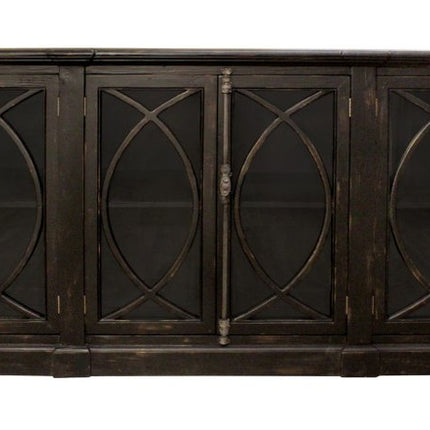 113" Black Distressed Solid Wood Sideboard with Six Glass Doors HomeRoots