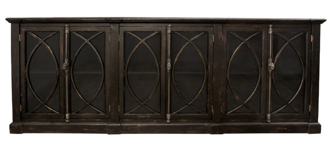 113" Black Distressed Solid Wood Sideboard With Six Glass Doors HomeRoots