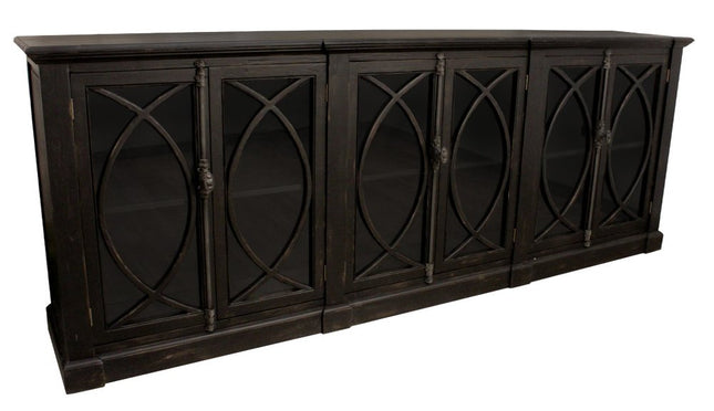 113" Black Distressed Solid Wood Sideboard With Six Glass Doors HomeRoots
