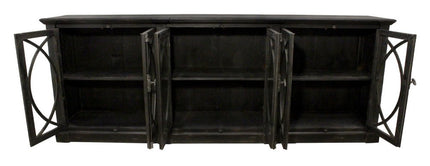 113" Black Distressed Solid Wood Sideboard with Six Glass Doors HomeRoots