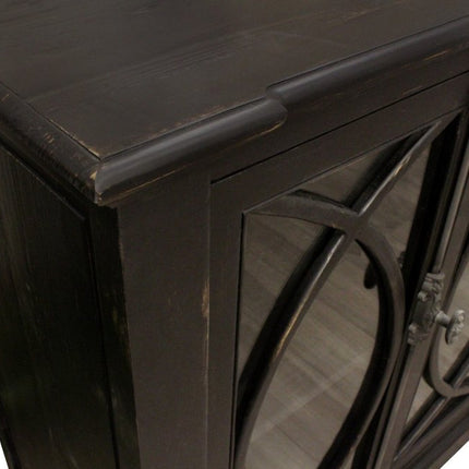 113" Black Distressed Solid Wood Sideboard with Six Glass Doors HomeRoots