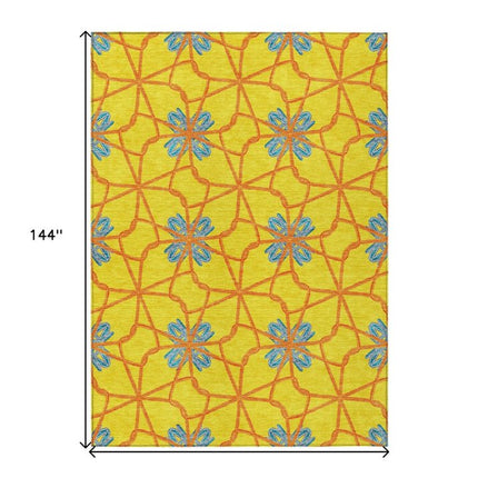 9' X 12' Yellow And Teal Blue Geometric Washable Indoor Outdoor Area Rug