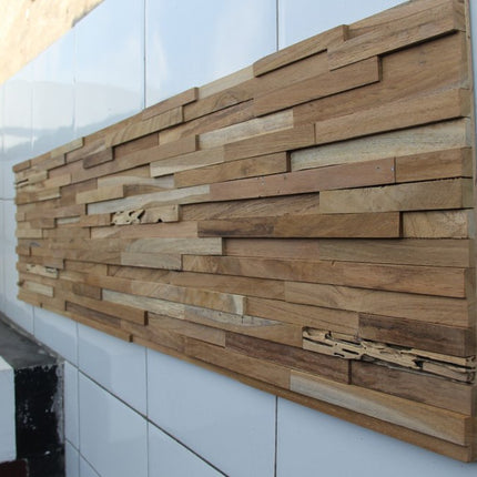 Brown 3D Embossed Geometric Teak Reclaimed Wood Decorative Wall Panels HomeRoots