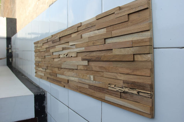 Brown 3D Embossed Geometric Teak Reclaimed Wood Decorative Wall Panels HomeRoots