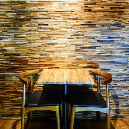 Brown 3D Embossed Geometric Teak Reclaimed Wood Decorative Wall Panels HomeRoots